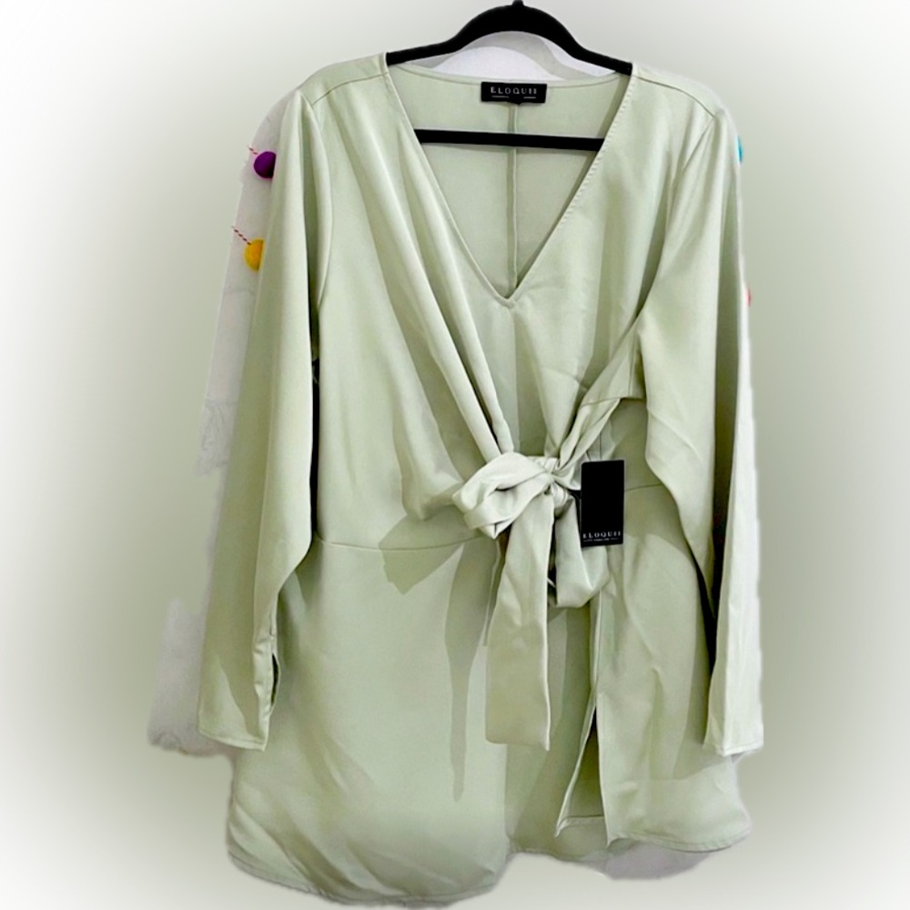 ELOQUII Mint Green Wrap Blouse with Sash Tie - Size 20